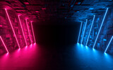 Fototapeta Perspektywa 3d - Hallway Corridor Alien Spaceship Perspective Cyber Sci Fi With Neon Laser Beam Glowing Lines Illustration Backgrounds 3d Rendering