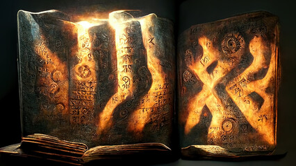 Wall Mural - Runes, stone, cuneiform, Celtic patterns, magic books. Artifacts. Ai.