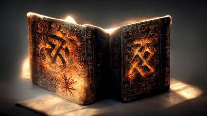 Runes, stone, cuneiform, Celtic patterns, magic books. Artifacts. Ai.