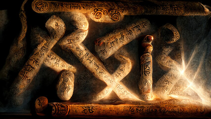 Wall Mural - Runes, stone, cuneiform, Celtic patterns, magic books. Artifacts. Ai.