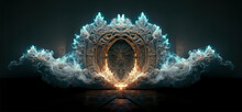 Wooden Gate In Dim Clouds In An Empty Room. Portal To Another World, Magical Realism, Parallel World, Ancient Runes, Relics. Gate To The Castle. 3D Artwork Design