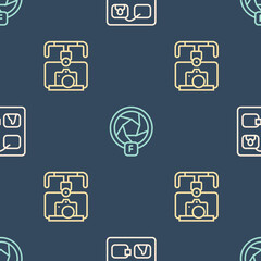 Wall Mural - Set line Storyboard, Gimbal stabilizer with camera and Camera shutter on seamless pattern. Vector