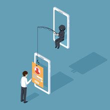 Phishing By Email. Hacker Attacks A Smartphone By Message. Fraud Scam And Steal Private Data On Devices. Vector Illustration Isometric Flat Design For Cyber Security Awareness Concept.