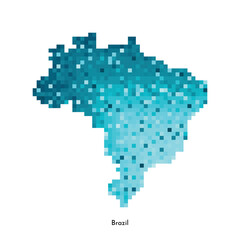 Poster - Vector isolated geometric illustration with simplified icy blue silhouette of Brazil map. Pixel art style for NFT template. Dotted logo with gradient texture for design on white background
