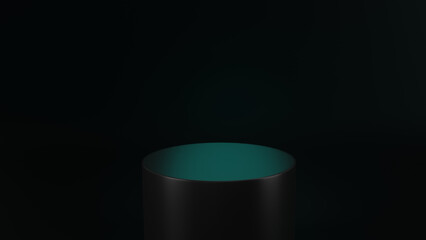 3D render of Cylinder podium with Black color on dark background.platform for product presentation minimal style. empty dark. Black pedestal for product showcase.