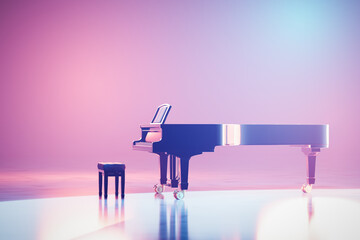 Wall Mural - Classic grand piano keyboard in neon spotlight