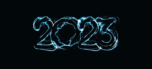 Poster - 2023 numbers with magic luminous lightning contour. Happy New Year event poster, greeting card cover, 2023 calendar design, invitation to celebrate New Year and Christmas. Vector illustration