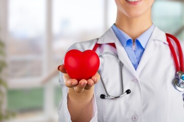 Wall Mural - Cardiologist holding red heart in clinic. Medical technology diagnostics of heart concept.