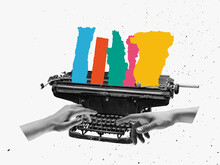 Pop Art Collage. Female Hand Typing On Retro Typewriter. Vintage, Retro 80s, 70s Style. Bright Colors.