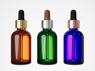 Wall Mural - three different cosmetic serum dropper bottles 3d render, care product packaging