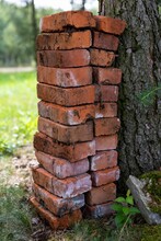 Stacked Old Red Bricks Beside A Tree, Vertical Shot