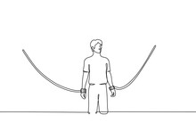 Man Stands Captive By Huge Handcuffs Against The Walls - One Line Drawing Vector. Concept Prisoner With Vintage Handcuffs