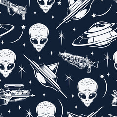 Wall Mural - Aliens vintage seamless pattern monochrome