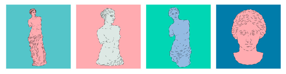 Poster - Set of linear minimal illustrations of Venus statues. Modern art for print design. 