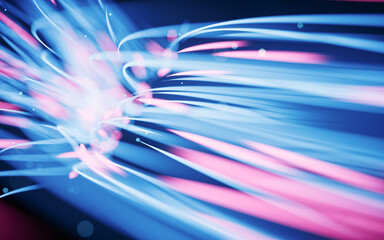 Poster - Flowing curves with glowing neon lines, 3d rendering.