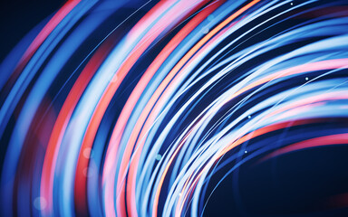 Poster - flowing curves with glowing neon lines, 3d rendering.