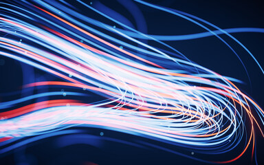 Poster - flowing curves with glowing neon lines, 3d rendering.