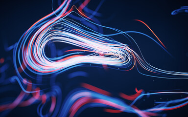 Poster - Flowing curves with glowing neon lines, 3d rendering.
