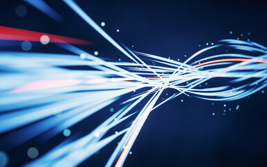 Poster - Flowing curves with glowing neon lines, 3d rendering.