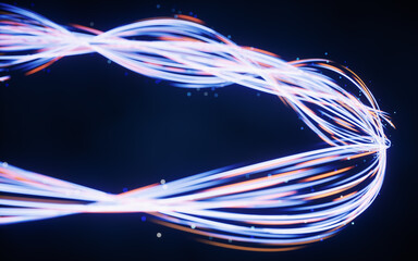 Poster - flowing curves with glowing neon lines, 3d rendering.
