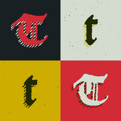 T letter blackletter style logo set with grunge texture. Stylish horror gothic font.