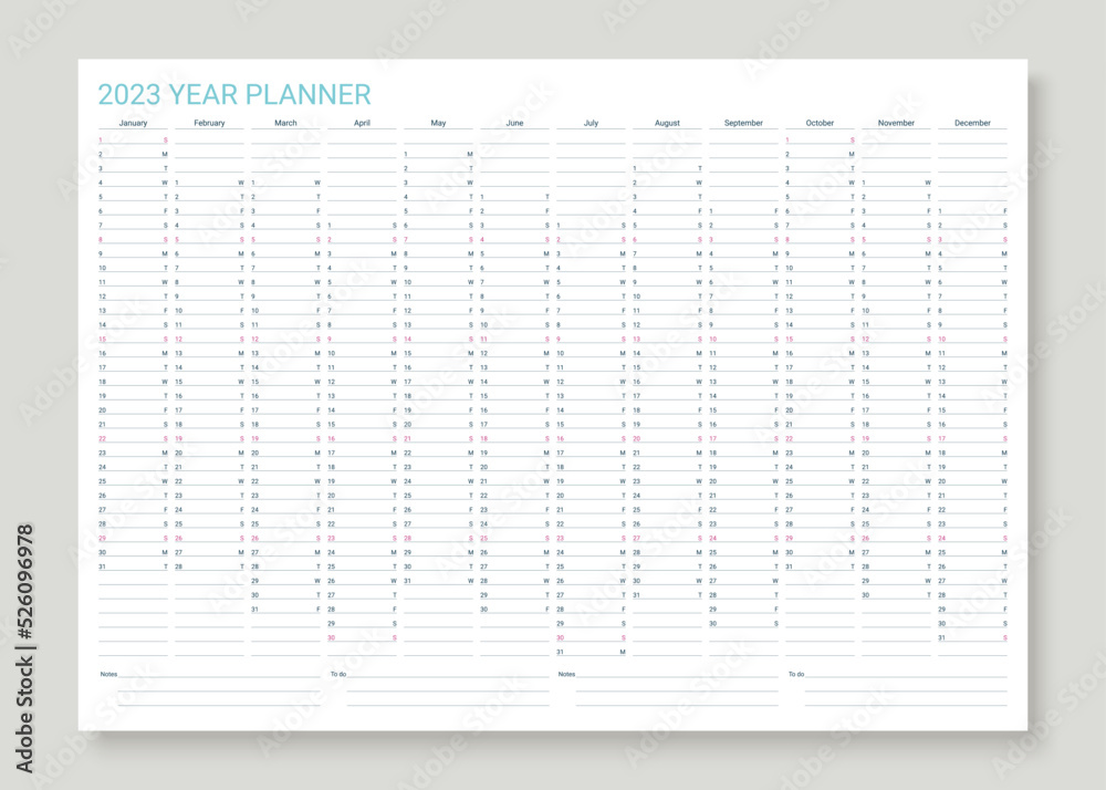 2023 year calendar planner. Desk calender template. Annual daily