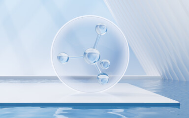 Molecule with water surface background, 3d rendering.