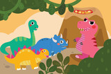 Fototapeta Dinusie - Cute Dinosaurs in Forest and Lava Mountain Background 