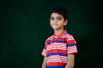 Wall Mural - Portrait of young student boy on green background 