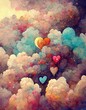 colorful hearts in the sky, clouds gift card illustration