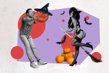 Collage Photo Of Young Couple Normal Guy Hold Pumpkin Head With Hat Witch Lady Wear Lingerie Seduce Man Isolated On Painted Background