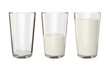 Set of glass glasses empty, half and full of milk, 3d render