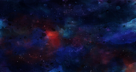 cosmic neon light blue watercolor background. paper textured aquarelle deep black canvas for modern 