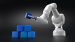 Robotics arm stacking blank blue cubic blocks on grey background. 