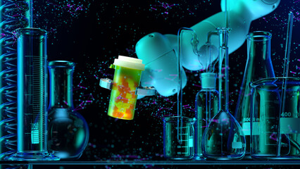 Wall Mural - modern high tech authentic robot arm holding bottle of pills.