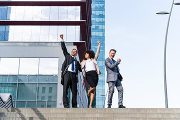 Wall Mural - Business people meeting in a business park - International corporate multiethnic team bonding outdooors