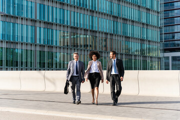 Wall Mural - Business people meeting in a business park - International multiethnic business team walking on the street in the city