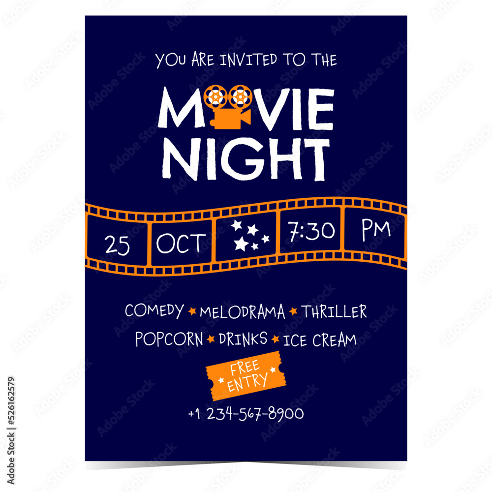 Movie night banner with cinematographic film strip and announcement of cinema event or festival. Vector illustration of movie night party invitation or promo affiche for web and social media posts.