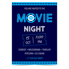 Wall Mural - Movie night invitation card, advertisement banner, promo poster, announcement brochure, affiche, flyer or leaflet. Vector illustration for movie event, film festival party, cinema holidays.