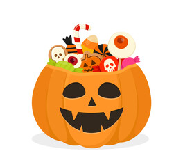 Halloween pumpkin with candies. Pumpkin trick or treat bag. Vector illustration isolated on white background.