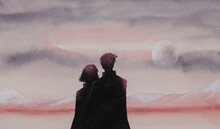 Illustration Couple Silhouette Magic Landscape Moon Pale Pink