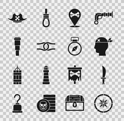 Canvas Print - Set Compass, Pirate sword, captain, Location pirate, Rope tied knot, Spyglass telescope lens, hat and icon. Vector