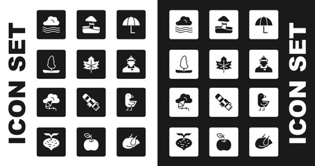 Sticker - Set Umbrella, Leaf or leaves, Tree, Windy weather, Autumn clothes, Mushroom, Little chick and Kite icon. Vector