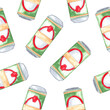 Watercolor tin beer cans seamless pattern on white