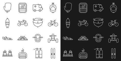 Sticker - Set line Ski and sticks, ATV motorcycle, Bicycle, Ambulance emergency car, Motorcycle, Surfboard, Boxing glove and Speedboat icon. Vector