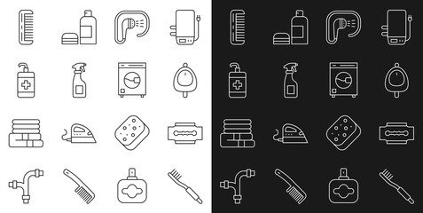 Canvas Print - Set line Toothbrush, Blade razor, Toilet urinal pissoir, Shower, Cleaning spray bottle, Hand sanitizer, Hairbrush and Washer icon. Vector