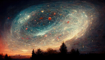 Wall Mural - Abstract futuristic AI illustration painting of landscape with planets, galaxies, stars and cosmos sky apocalyptic fantasy sci-fi nature scene with tree silhouettes and night/evening sky