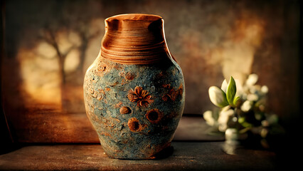 Handcrafted Antique vases. Baked clay or ceramic vases, clay jar. Vintage background.