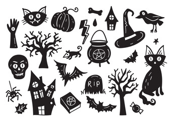 Wall Mural - Halloween Drawings vector set of design elements. Set of hand drawn doodle. Pumpkin, ghost, black cat