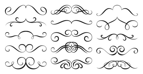 Divider border calligraphy decor set. Frame linear victorian flourishes. Vintage vignette scrolls, swirl black line pattern. Festive hand drawn retro typographic design element for card, menu, diploma